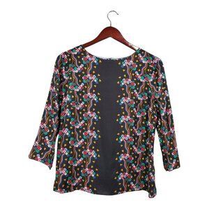 BODEN Women's Black Floral 3/4 Sleeve Blouse Colorful Top Peasant Size 8